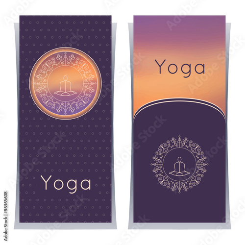 Vector yoga illustration. Yoga posters with floral ornament and yogi silhouette. Identity design for yoga studio, yoga center or class. Template for SPA, beauty salon, ayurveda clinic in luxury style.