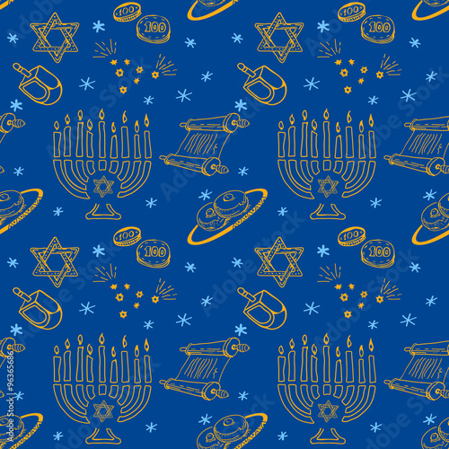 Hanukkah Chanukah traditional jewish holiday Seamless Pattrern. Doodle symbols ink draw vector. Hand drawn sketch - Happy Chanukah background with Star of David, Menorah, Dreidel, Donuts, Torah