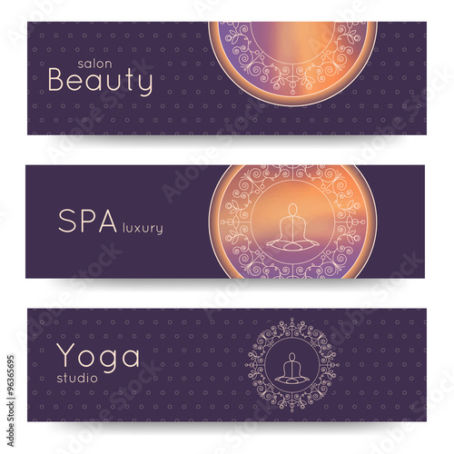 Elegant yoga vector banner. Professional banner templates for yoga studio, yoga website, yoga magazine, publishing, presentation. Identity design for SPA, beauty salon, ayurveda clinic in luxury style