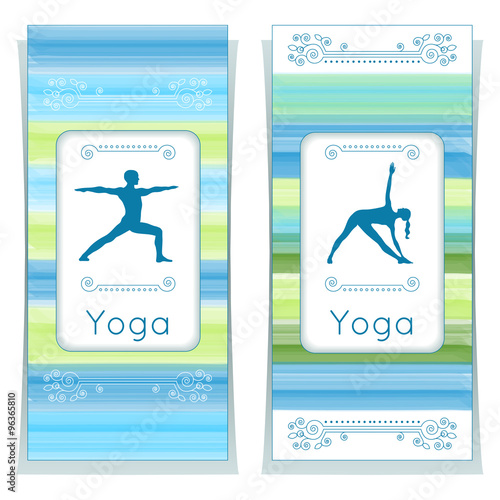 Vector yoga illustration. Yoga posters with floral ornament and yogi silhouette. Identity design for yoga studio, yoga center, class, also for magazine, presentation. Template of flyer, banner, card.