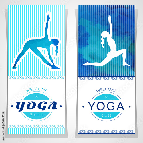 Vector yoga illustration. Yoga posters with watercolor texture and yogi silhouette. Identity design for yoga studio, yoga center, class, for magazine, presentation. Template of flyer, banner, card.