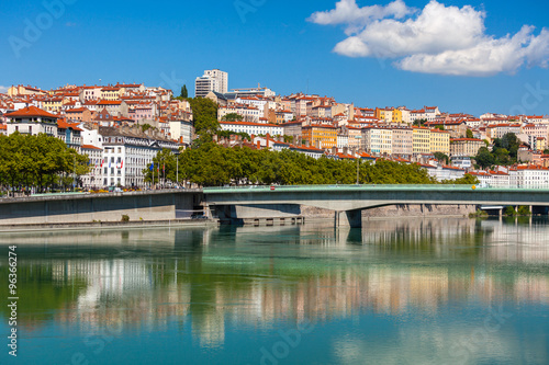 Cityscape of Lyon, France with reflections in the water