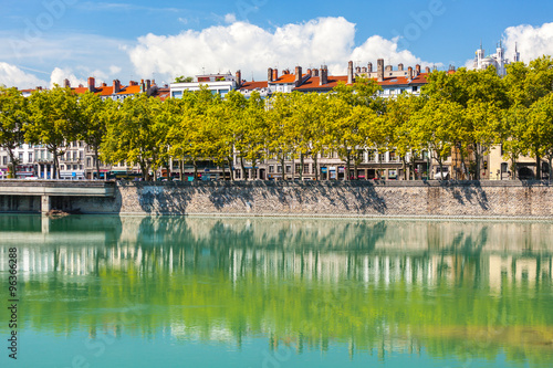 Cityscape of Lyon, France with reflections in the water