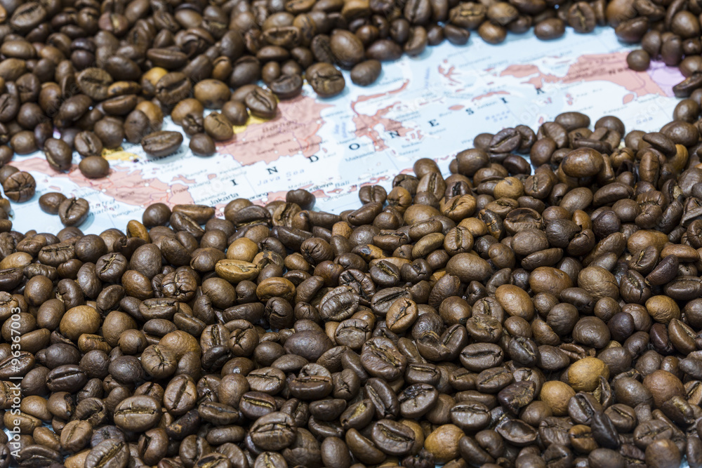 Map of Indonesia under a background of coffee beans