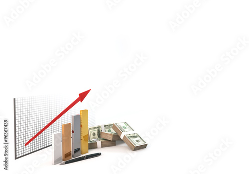 3d Bar graph arrow Growth up of investment with money 100 dollar