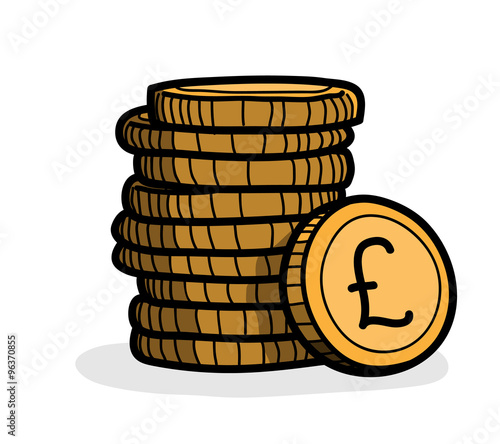 Stack of Coins (Pound Sterling), a hand drawn vector illustration of a stack of gold coins with Pound Sterling currency sign on it.