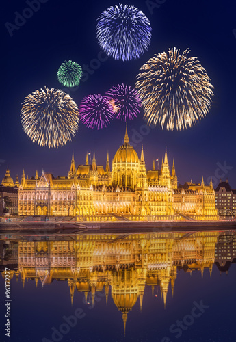 Photography Beautiful fireworks under hungarian Parliament building