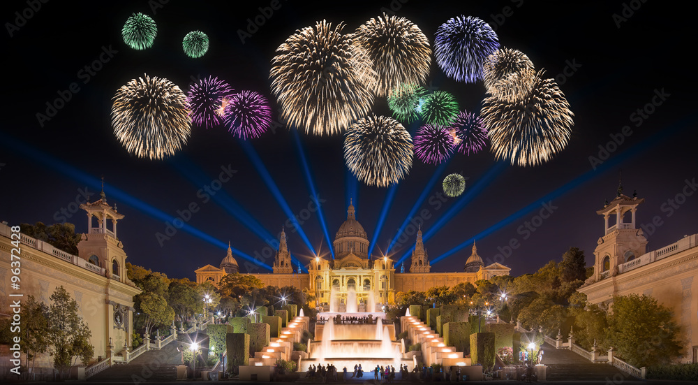 Beautiful fireworks under Magic Fountain in Barcelona - obrazy, fototapety, plakaty 