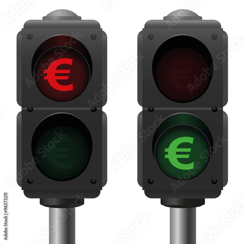 Euro traffic lights, as a symbol for good and bad finances. Isolated vector illustration on white background.