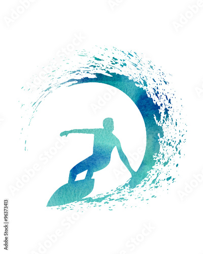 Blue Watercolor Illustration of a Surfer with a wave