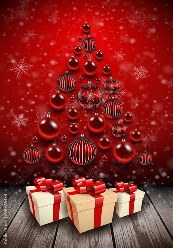 Christmas background red with christmas tree, gift box and shiny balls.
