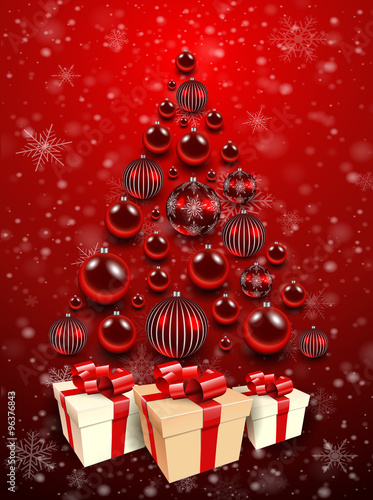 Christmas background red with christmas tree, gift box and shiny balls