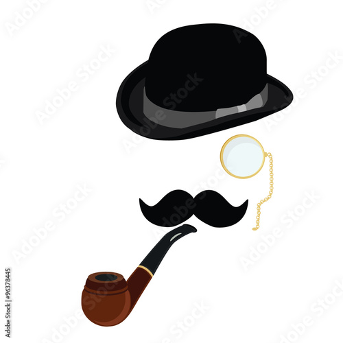 Bowler hat, smoking pipe,mustache and monocle