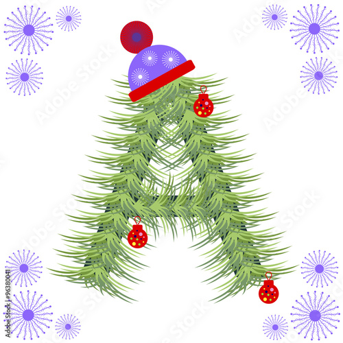 Vector illustration of fir-tree font. Winter alphabet letter. Green stylized figure with Christmas decorations, cap and snowflakes. Series of Letters, Numbers and Symbols.