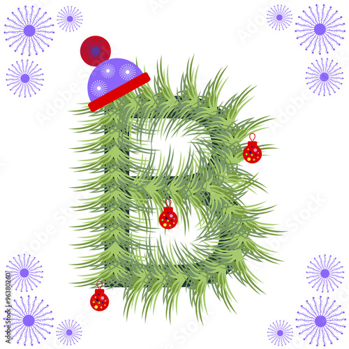 Vector illustration of fir-tree font. Winter alphabet letter. Green stylized figure with Christmas decorations, cap and snowflakes. Series of Letters, Numbers and Symbols.