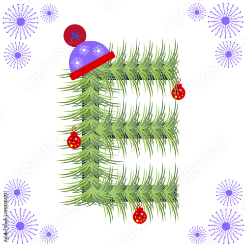 Vector illustration of fir-tree font. Winter alphabet letter. Green stylized figure with Christmas decorations, cap and snowflakes. Series of Letters, Numbers and Symbols.