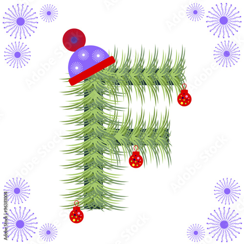 Vector illustration of fir-tree font. Winter alphabet letter. Green stylized figure with Christmas decorations, cap and snowflakes. Series of Letters, Numbers and Symbols.
