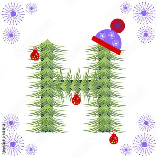 Vector illustration of fir-tree font. Winter alphabet letter. Green stylized figure with Christmas decorations, cap and snowflakes. Series of Letters, Numbers and Symbols.