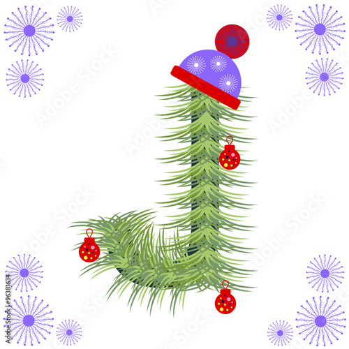 Vector illustration of fir-tree font. Winter alphabet letter. Green stylized figure with Christmas decorations, cap and snowflakes. Series of Letters, Numbers and Symbols.