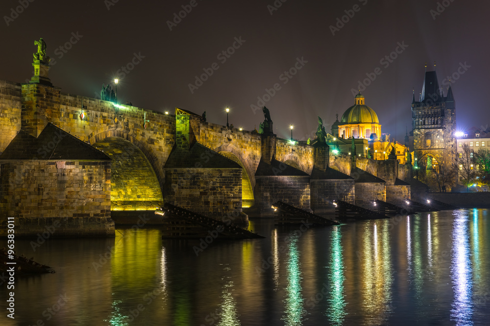 Prague, Charles Bridge and Lesser Tower at night