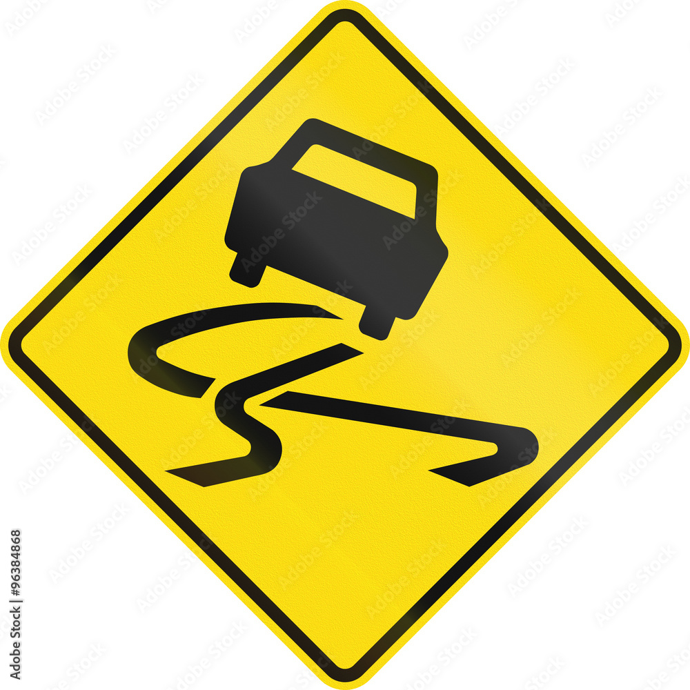 New Zealand road sign - Slippery road surface New Zealand road sign - Slippery road surface