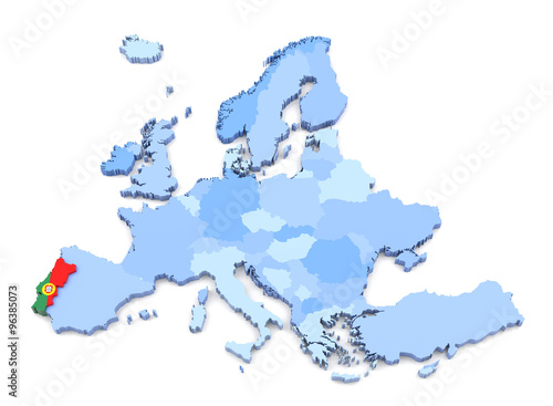 Europe Map, Portugal with Flag