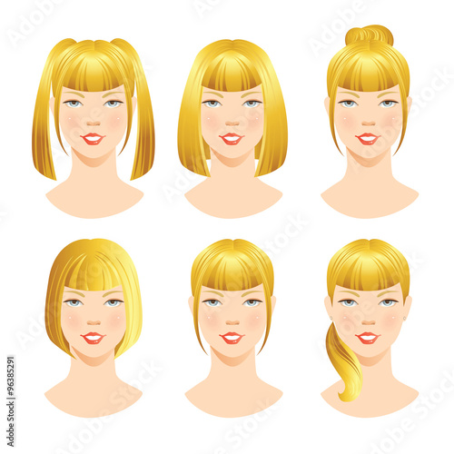illustrations of beautiful young girls with various hair styles. Different hairstyles with bangs. 