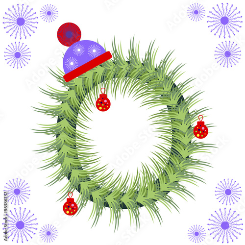 Vector illustration of fir-tree font. Winter alphabet letter. Green stylized figure with Christmas decorations, cap and snowflakes. Series of Letters, Numbers and Symbols.