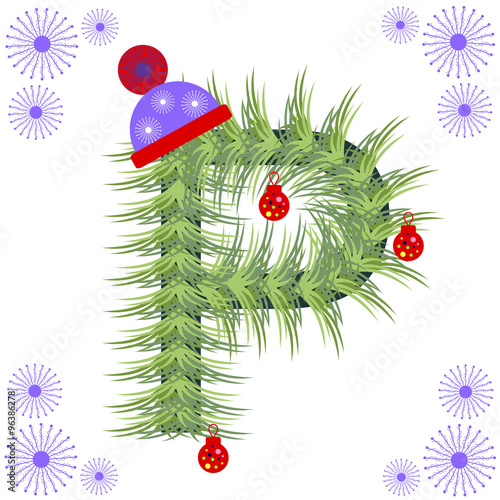 Vector illustration of fir-tree font. Winter alphabet letter. Green stylized figure with Christmas decorations, cap and snowflakes. Series of Letters, Numbers and Symbols.