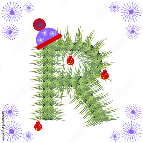 Vector illustration of fir-tree font. Winter alphabet letter. Green stylized figure with Christmas decorations, cap and snowflakes. Series of Letters, Numbers and Symbols.