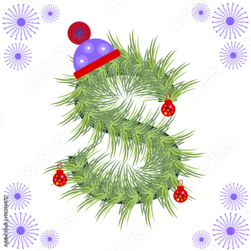 Vector illustration of fir-tree font. Winter alphabet letter. Green stylized figure with Christmas decorations, cap and snowflakes. Series of Letters, Numbers and Symbols.