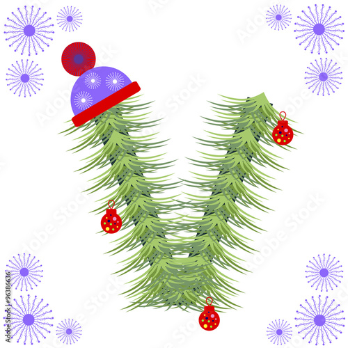 Vector illustration of fir-tree font. Winter alphabet letter. Green stylized figure with Christmas decorations, cap and snowflakes. Series of Letters, Numbers and Symbols.