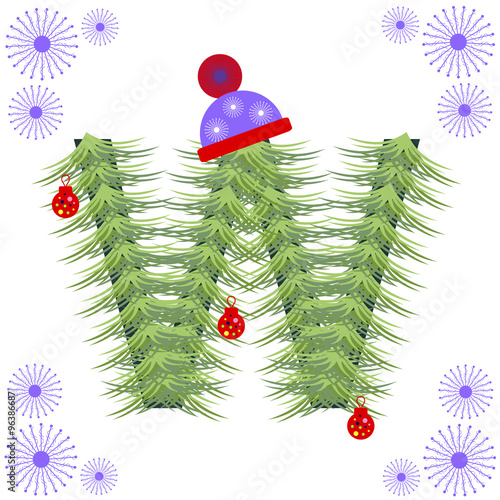 Vector illustration of fir-tree font. Winter alphabet letter. Green stylized figure with Christmas decorations, cap and snowflakes. Series of Letters, Numbers and Symbols.