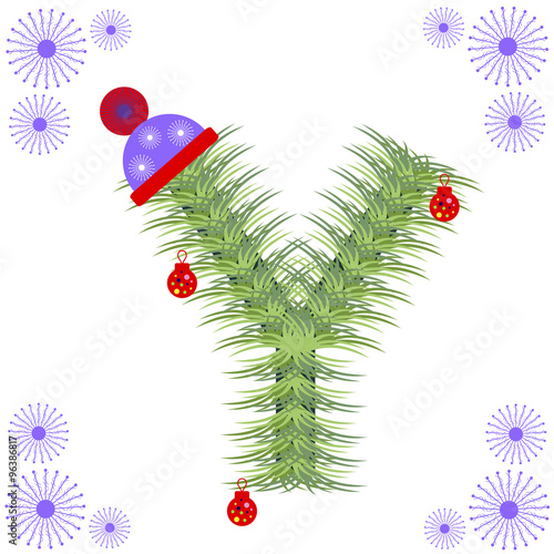 Vector illustration of fir-tree font. Winter alphabet letter. Green stylized figure with Christmas decorations, cap and snowflakes. Series of Letters, Numbers and Symbols.