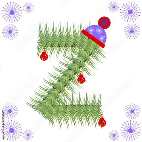 Vector illustration of fir-tree font. Winter alphabet letter. Green stylized figure with Christmas decorations, cap and snowflakes. Series of Letters, Numbers and Symbols.