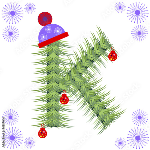 Vector illustration of fir-tree font. Winter alphabet letter. Green stylized figure with Christmas decorations, cap and snowflakes. Series of Letters, Numbers and Symbols.