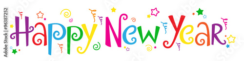 HAPPY NEW YEAR in festive handdrawn font with stars, spirals and streamers