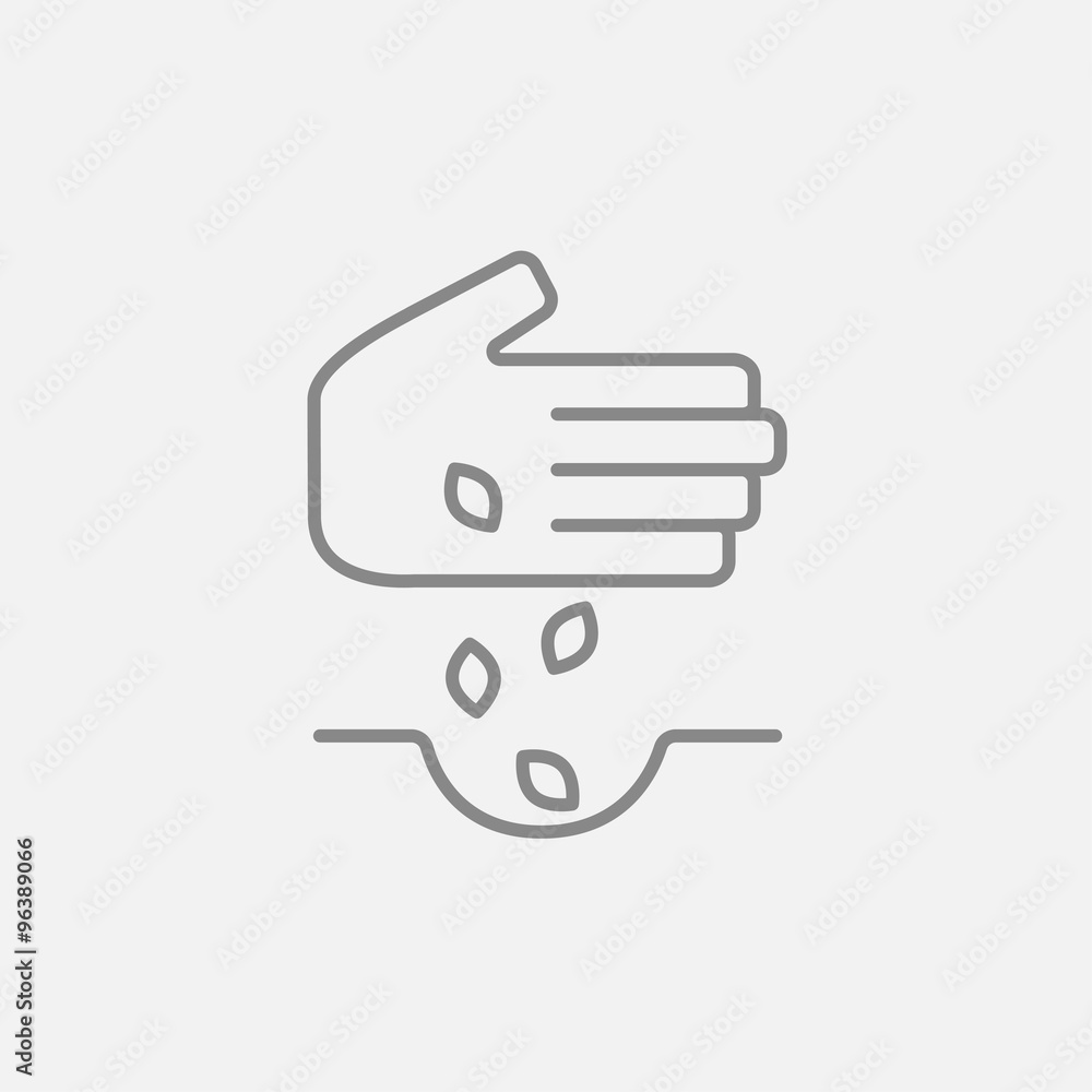 Hand planting seeds in ground line icon. Hand planting seeds in ground line icon.