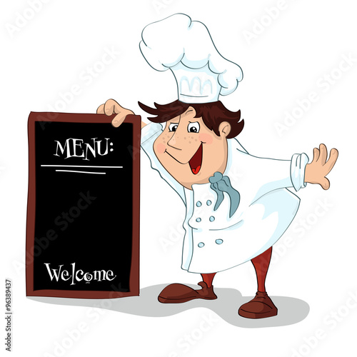 Cartoon cook with menu sign for restaurant. Illustration, vector