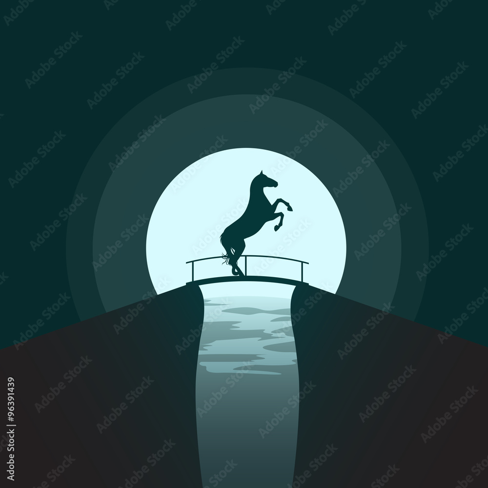 Silhouette of a horse standing on its hind legs on the bridge at