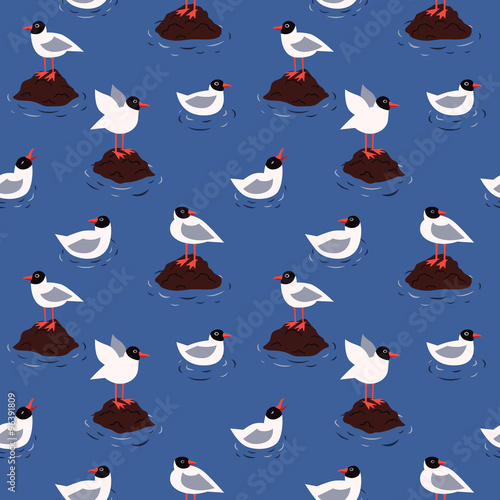 Sea and blackhead seagulls vector seamless pattern