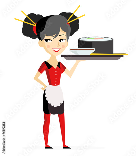 mujer oriental con sushi