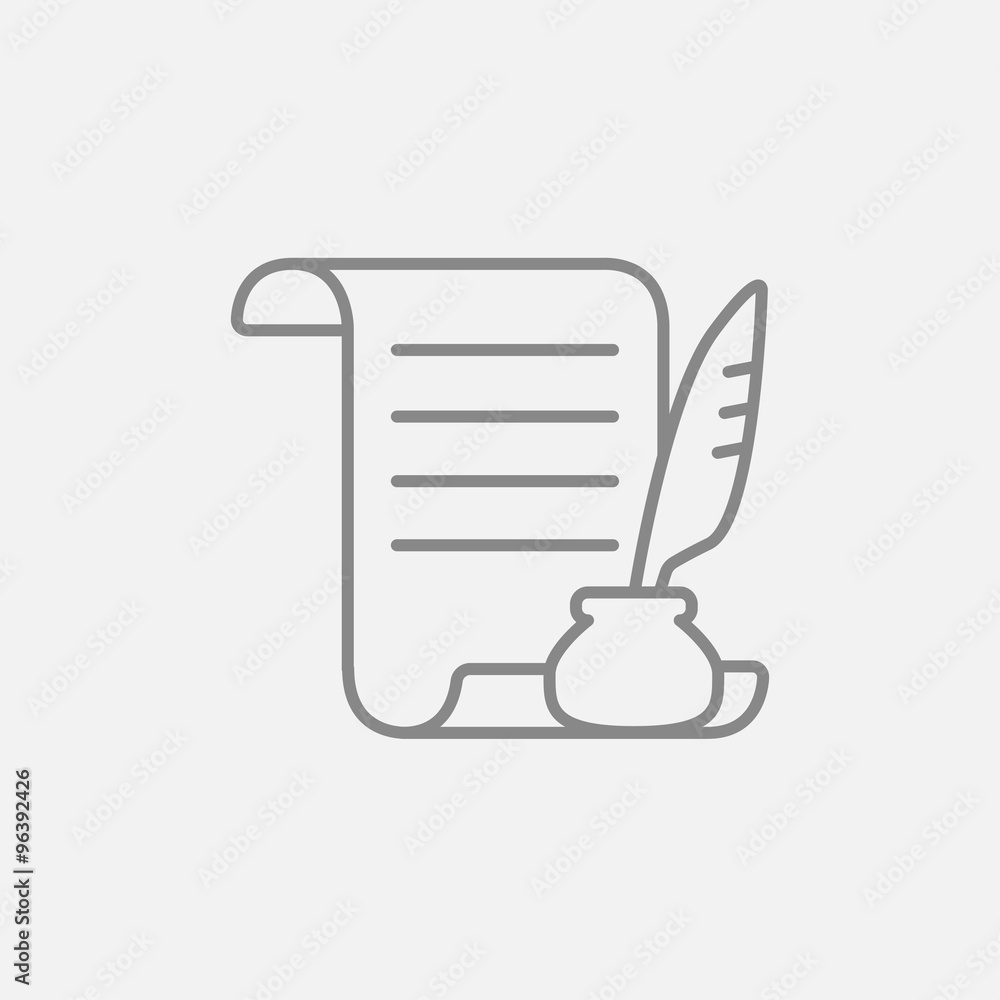 Paper scroll with feather pen line icon. Paper scroll with feather pen line icon.