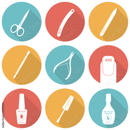 Set of flat icons of tools and accessories for nail care - manic