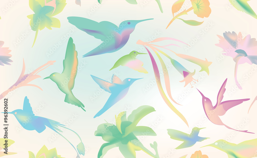 Fototapeta Colibri and flowers vector seamless, humming bird texture background, pastels