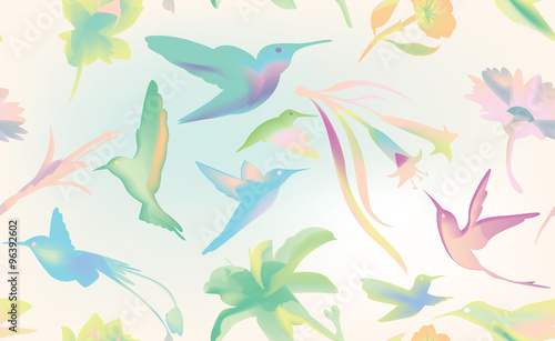 Colibri and flowers vector seamless  humming bird texture background  pastels
