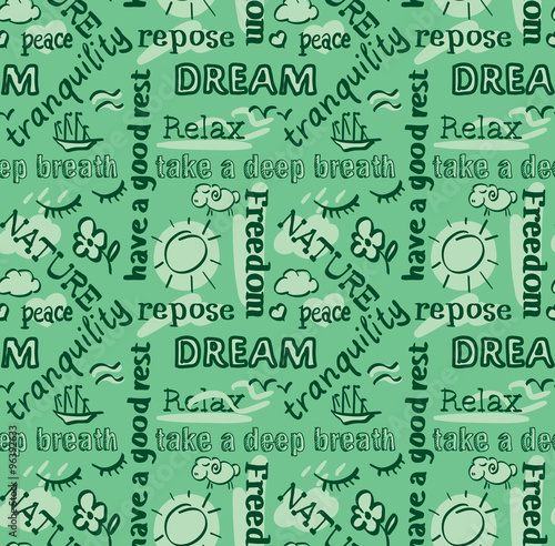 Relaxing seamless pattern, words and letters, green