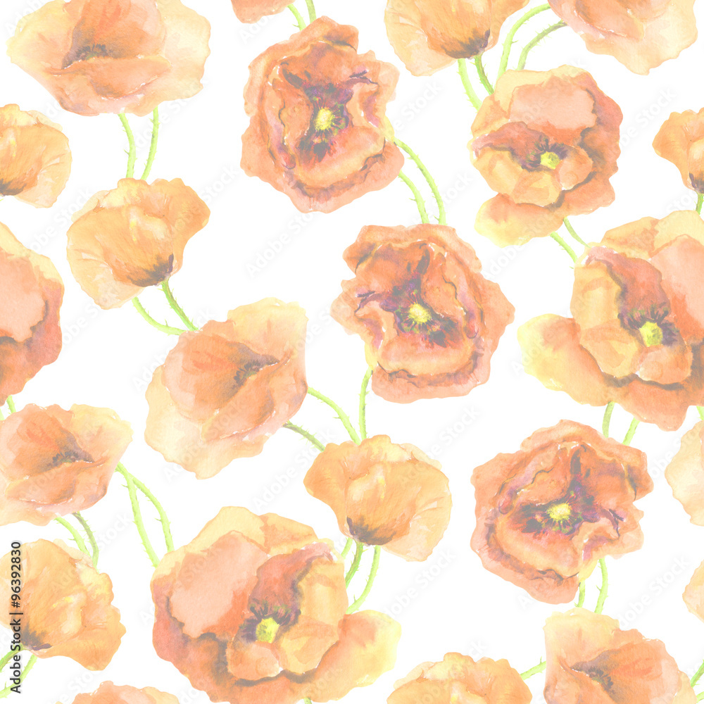 Seamless floral backdrop with pastel poppy flowers. Watercolor hand painted art 