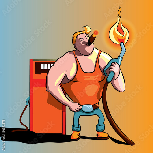Refueling worker vector illustration, smoking a cigar on the gas station