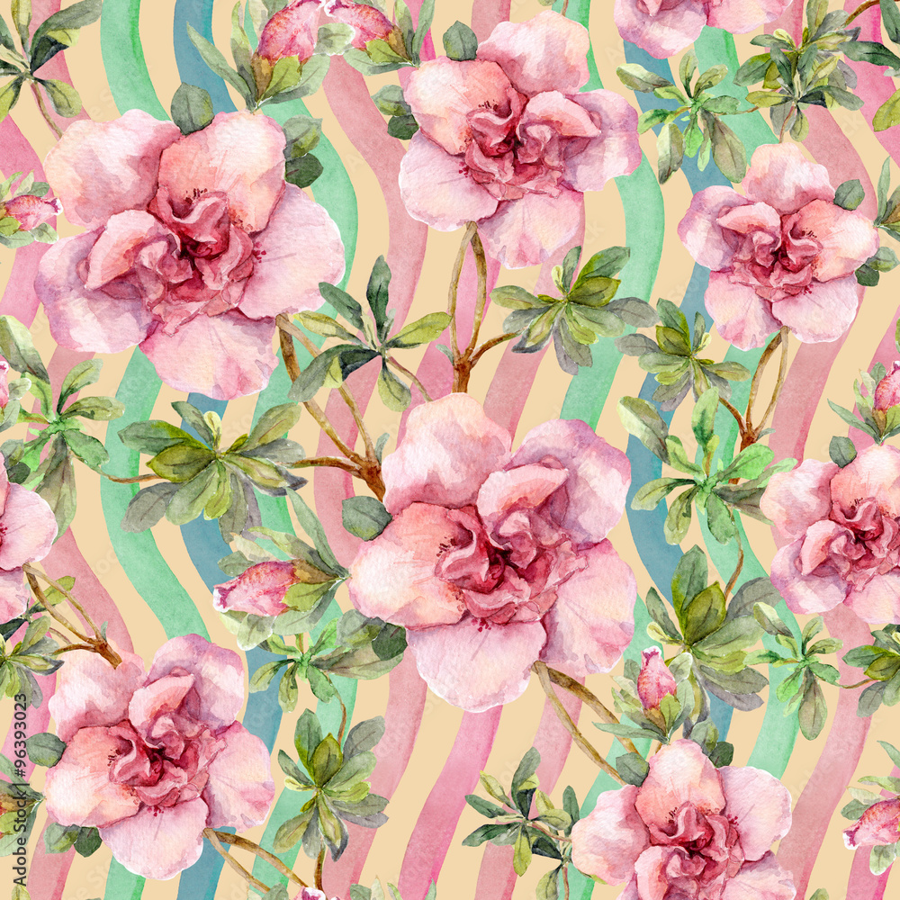Pink flowers. Seamless floral repeated pattern. Watercolor 